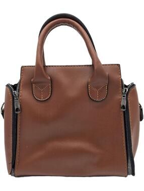 Brown Faux Leather Handbag with Dual Zipper Detail